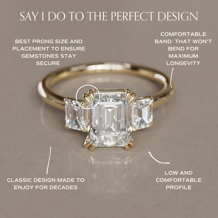 Three Stone Emerald Cut Lab Diamond Engagement Ring By Valley Rose