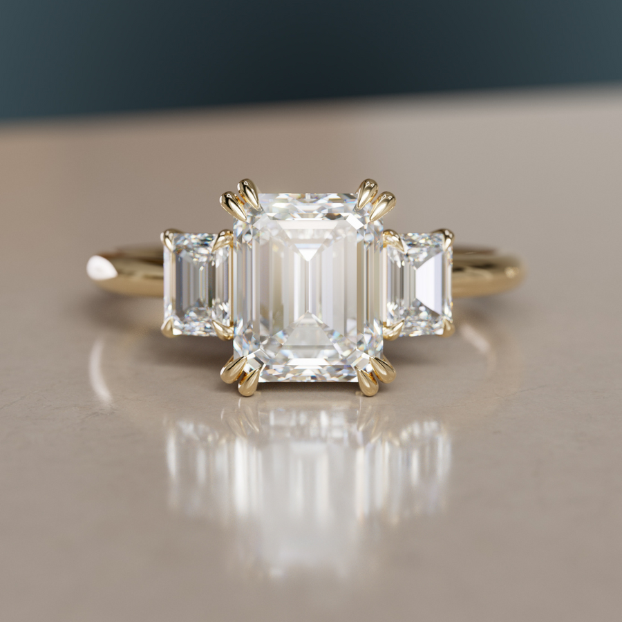 Three Stone Emerald Cut Lab Diamond Engagement Ring By Valley Rose