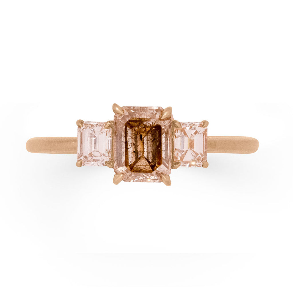 Three Stone Emerald Cut Salt & Pepper Diamond Engagement Ring - Cognac Brown Champagne By Valley Rose