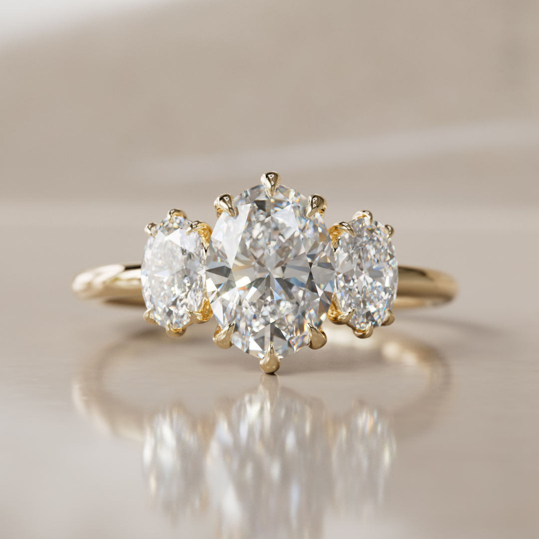 Three Stone Oval Lab Created Diamond Ethical Engagement Ring By Valley Rose