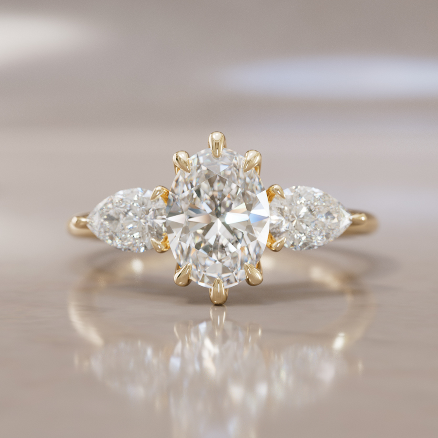 Three Stone Oval Lab Diamond Ethical Engagement Ring with Side Pear Diamonds By Valley Rose