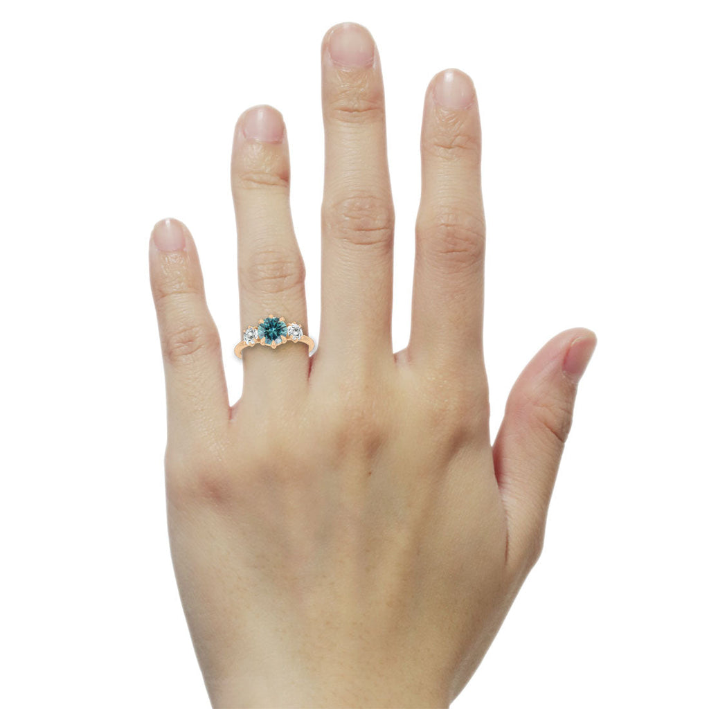 Three Stone Sapphire Ethical Engagement Ring in Teal, Blue or Green with Diamonds By Valley Rose