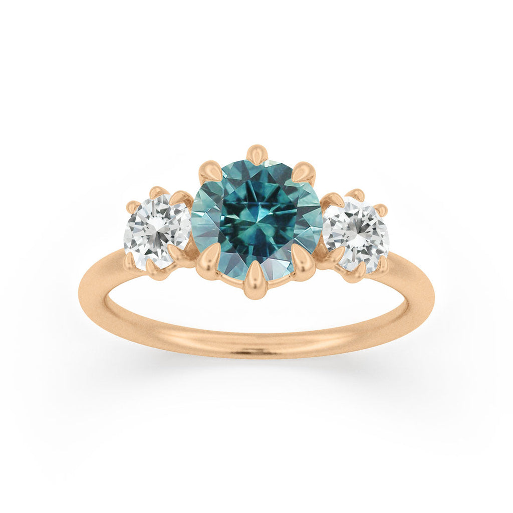 Three Stone Sapphire Ethical Engagement Ring in Teal, Blue or Green with Diamonds By Valley Rose