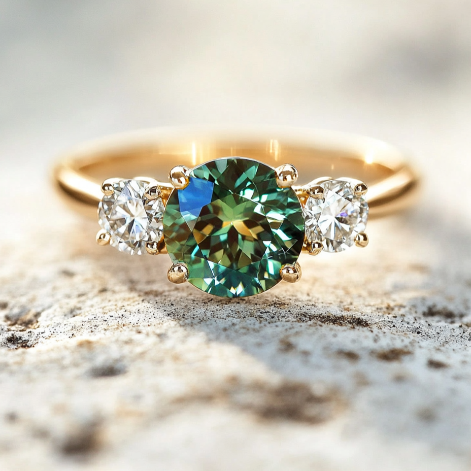 Three Stone Sapphire Ethical Engagement Ring in Teal, Blue or Green with Diamonds By Valley Rose