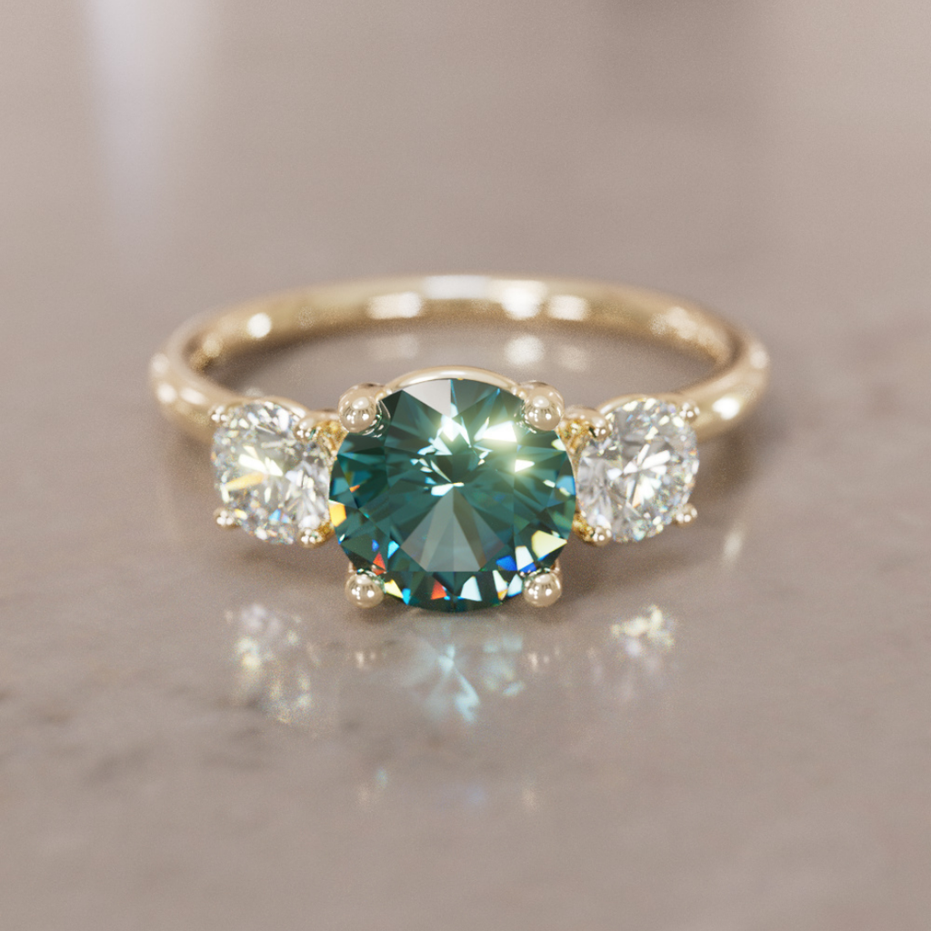 Three Stone Teal Sapphire Engagement Ring with Diamonds By Valley Rose