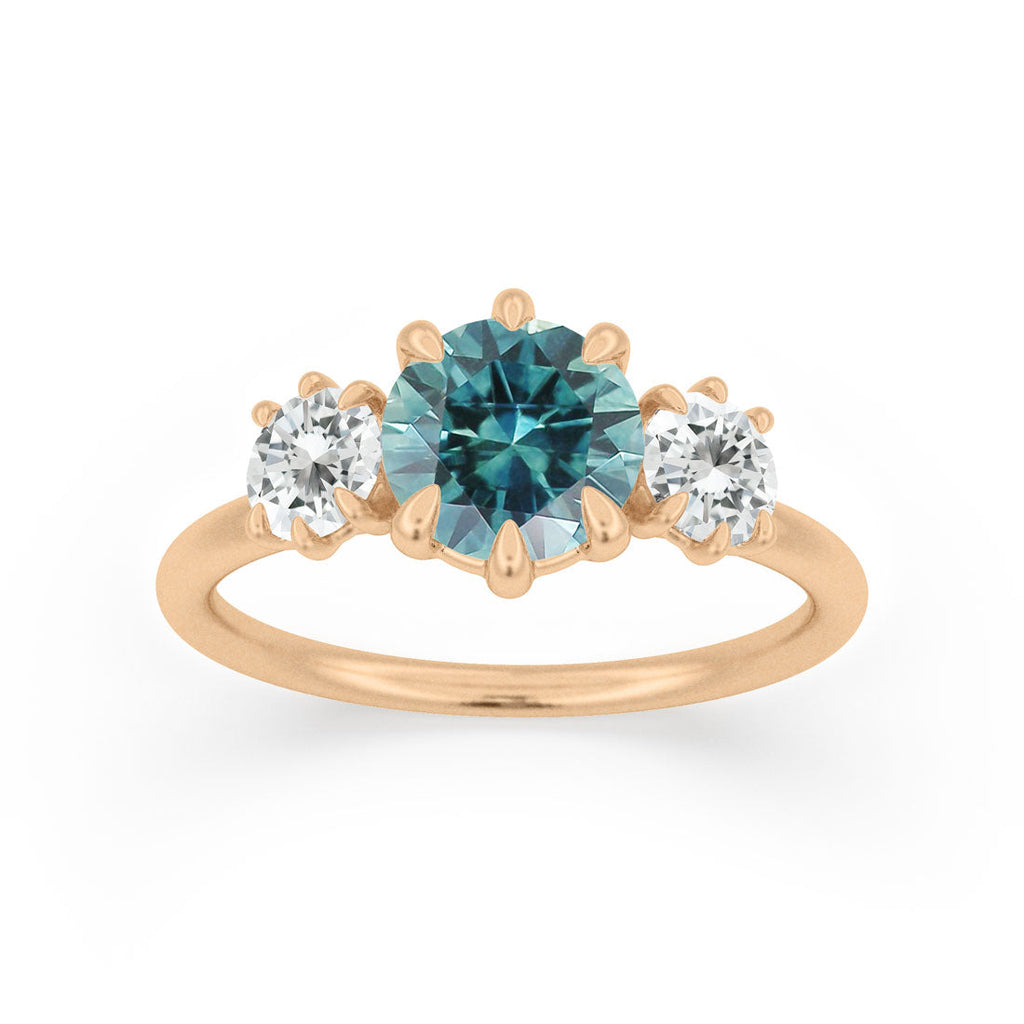 Three Stone Teal Sapphire Engagement Ring with Diamonds By Valley Rose