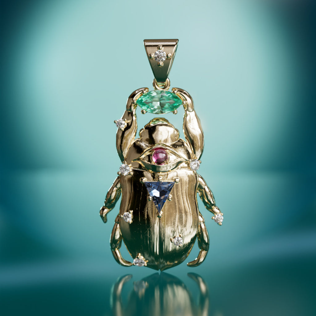 Treasure Beetle Pendant Unique Surrealist Charm in Emerald and Sapphire