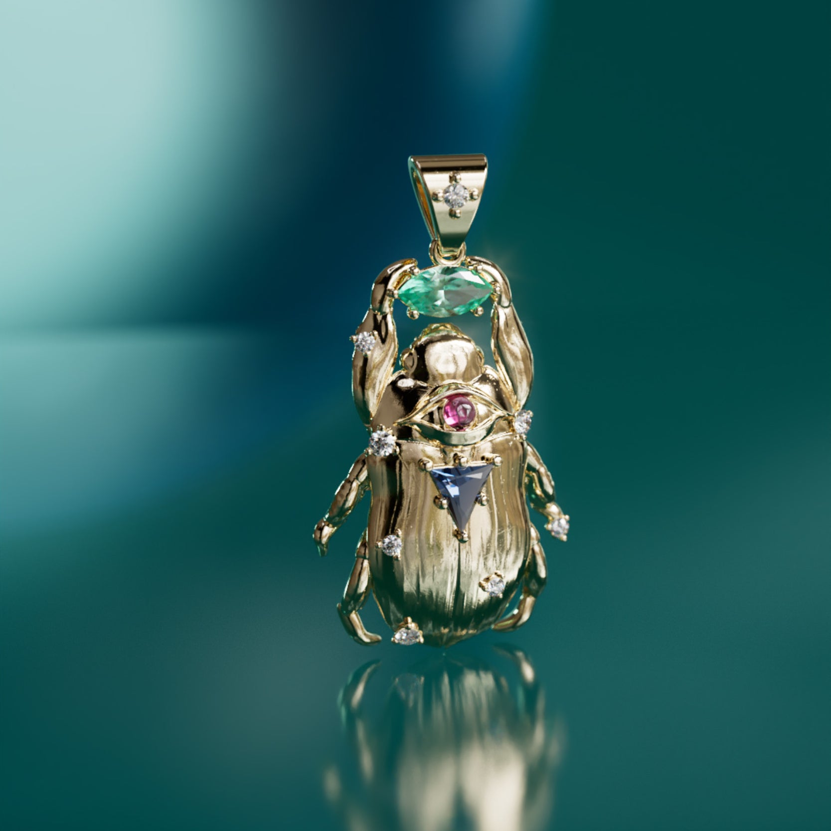 Treasure Beetle Pendant Unique Surrealist Charm in Emerald and