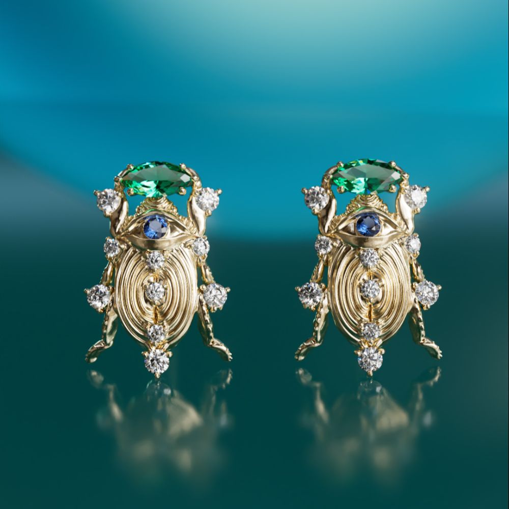 Boucle d'oreille unique surréaliste Scarabée Trésor avec saphir bleu et émeraude