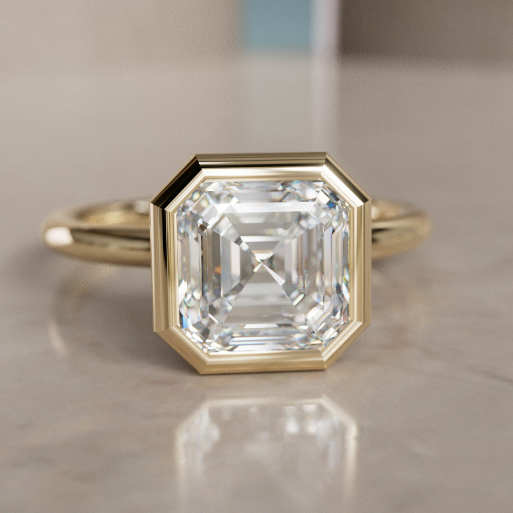 Unique Asscher Cut Lab Created Diamond Engagement Ring with Bezel Setting By Valley Rose