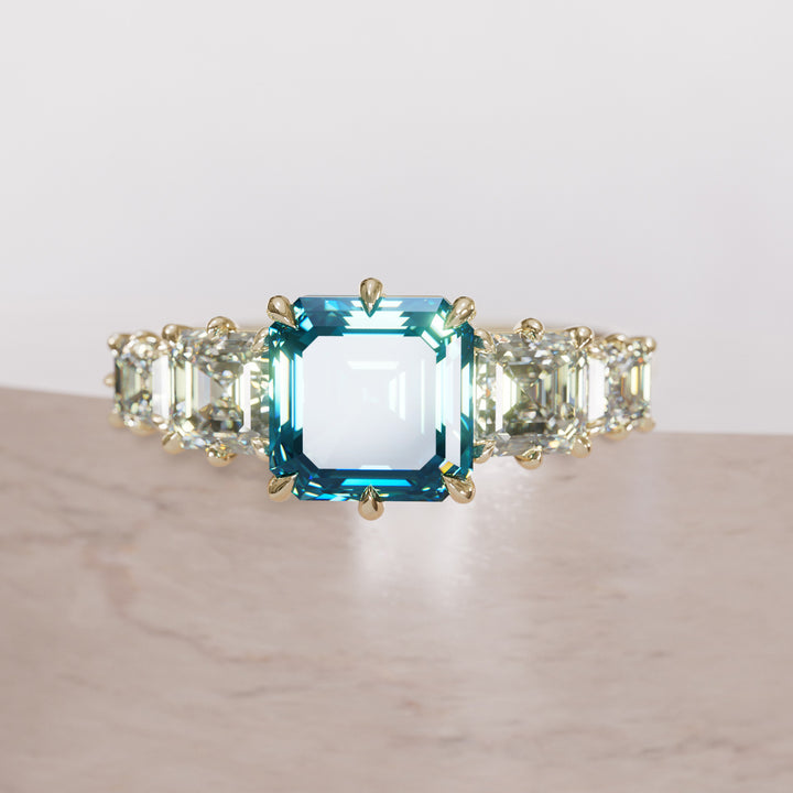 Unique Blue Sapphire and Diamond Engagement Ring, Asscher Cut Five Stone By Valley Rose