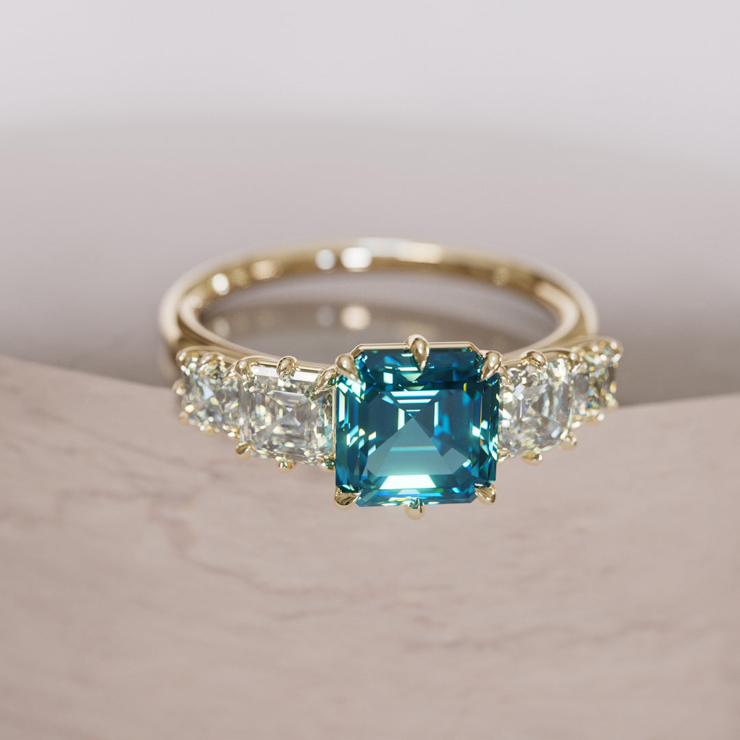 Unique Blue Sapphire and Diamond Engagement Ring, Asscher Cut Five Stone By Valley Rose