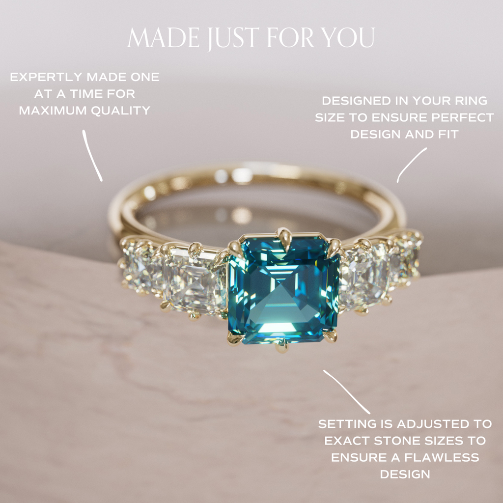 Unique Blue Sapphire and Diamond Engagement Ring, Asscher Cut Five Stone By Valley Rose