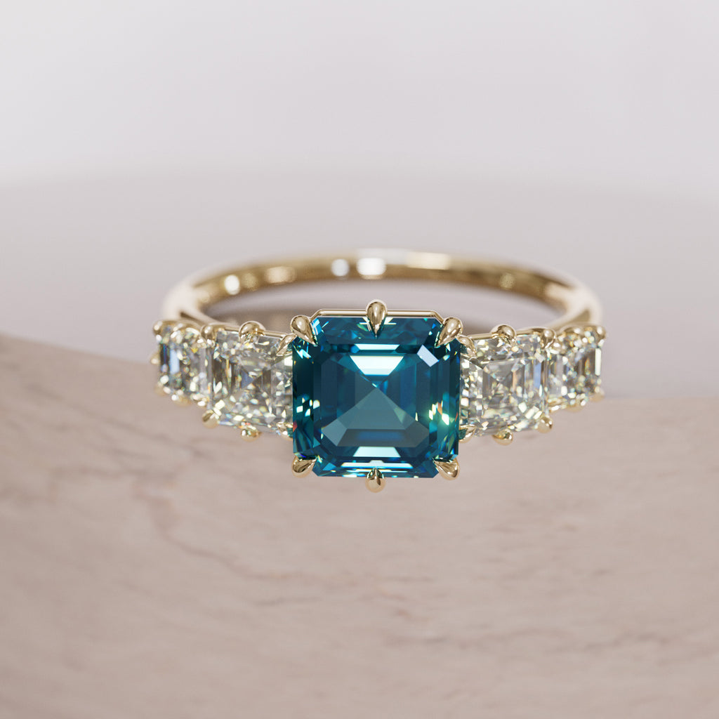 Unique Blue Sapphire and Diamond Engagement Ring, Asscher Cut Five Stone By Valley Rose