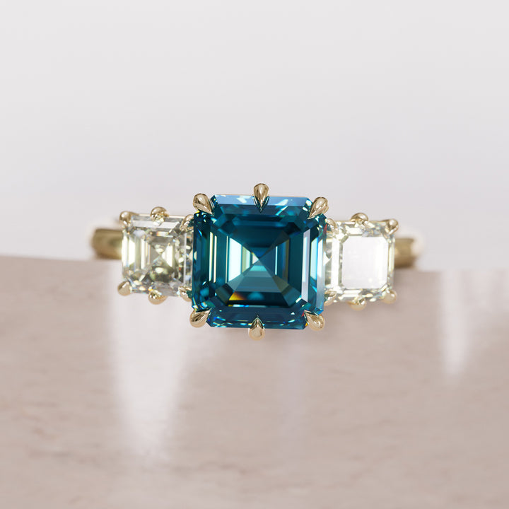 Unique Blue Sapphire and Diamond Engagement Ring, Asscher Cut Three Stone By Valley Rose