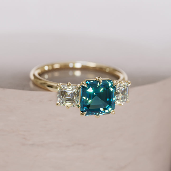 Unique Blue Sapphire and Diamond Engagement Ring, Asscher Cut Three Stone By Valley Rose