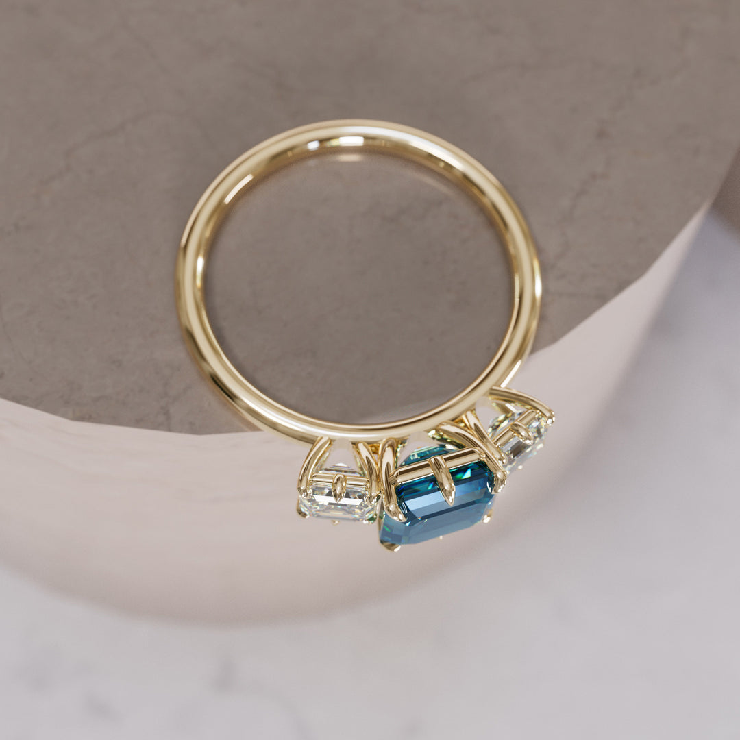 Unique Blue Sapphire and Diamond Engagement Ring, Asscher Cut Three Stone By Valley Rose