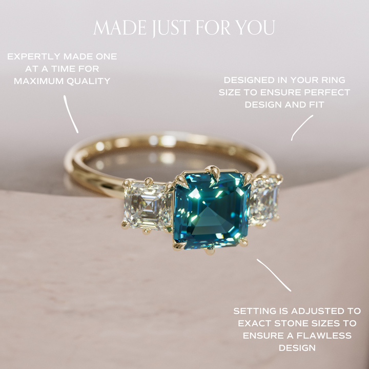 Unique Blue Sapphire and Diamond Engagement Ring, Asscher Cut Three Stone By Valley Rose