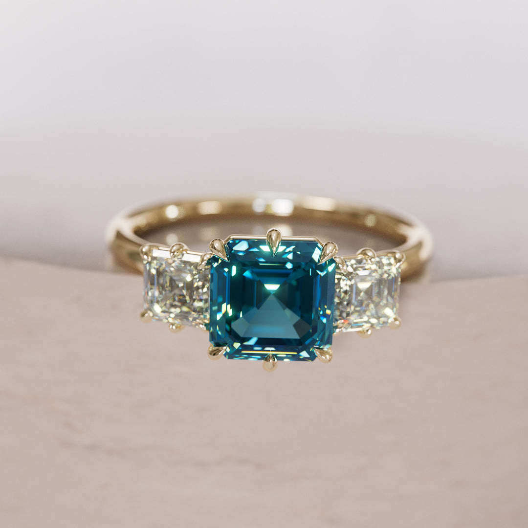 Unique Blue Sapphire and Diamond Engagement Ring, Asscher Cut Three Stone By Valley Rose