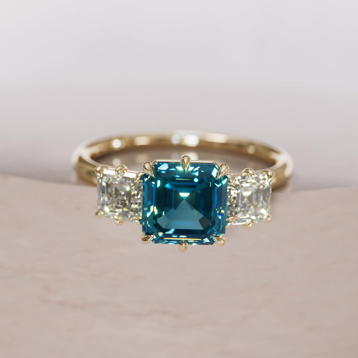 Unique Blue Sapphire and Diamond Engagement Ring, Asscher Cut Three Stone By Valley Rose