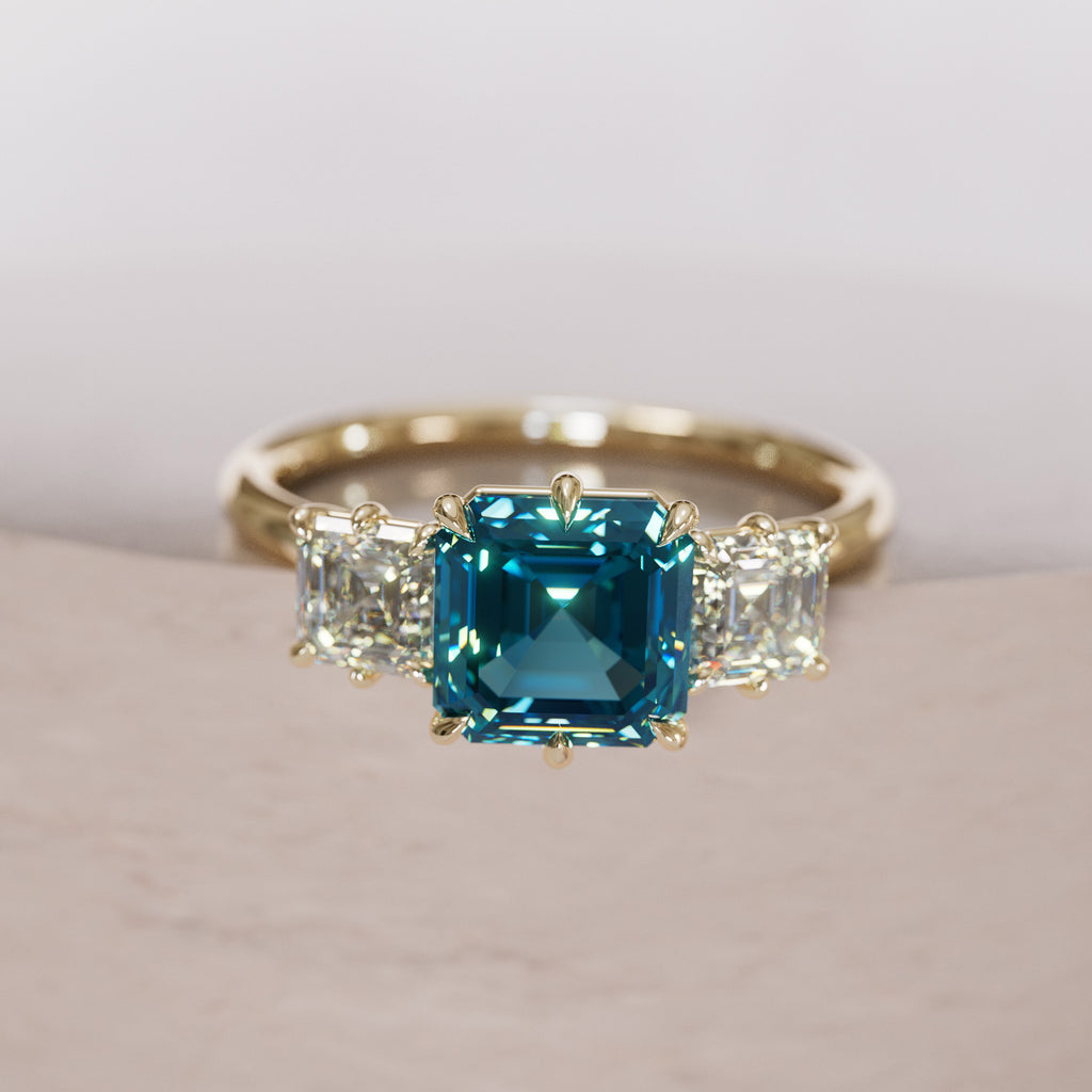 Unique Blue Sapphire and Diamond Engagement Ring, Asscher Cut Three Stone By Valley Rose