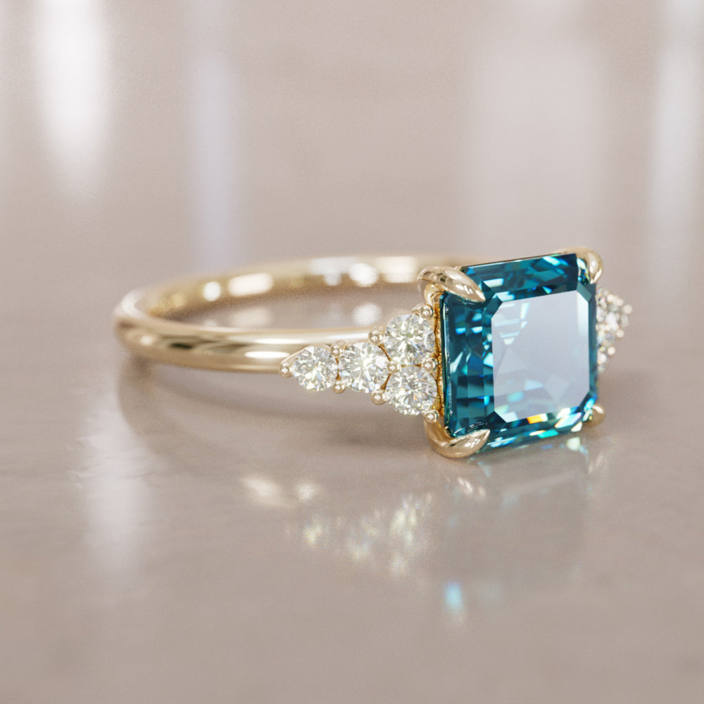 Unique Blue Sapphire and Diamond Engagement Ring, Asscher Cut Three Stone By Valley Rose