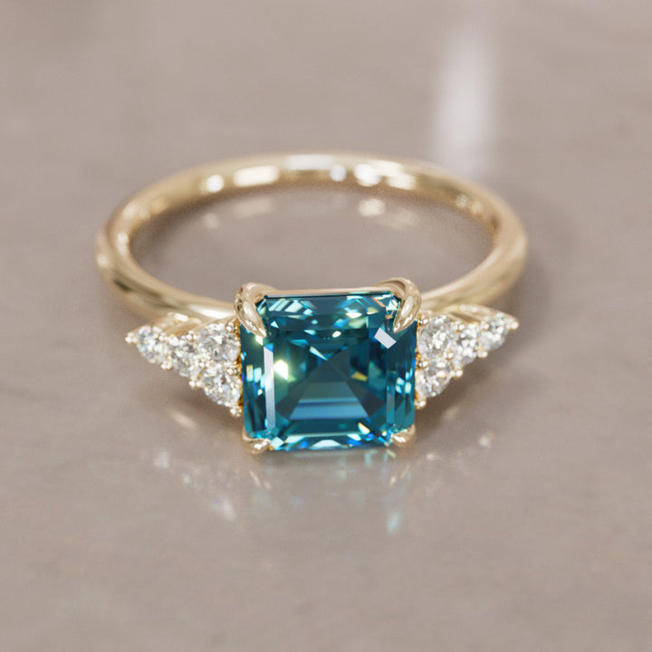 Unique Blue Sapphire and Diamond Engagement Ring, Asscher Cut Three Stone By Valley Rose