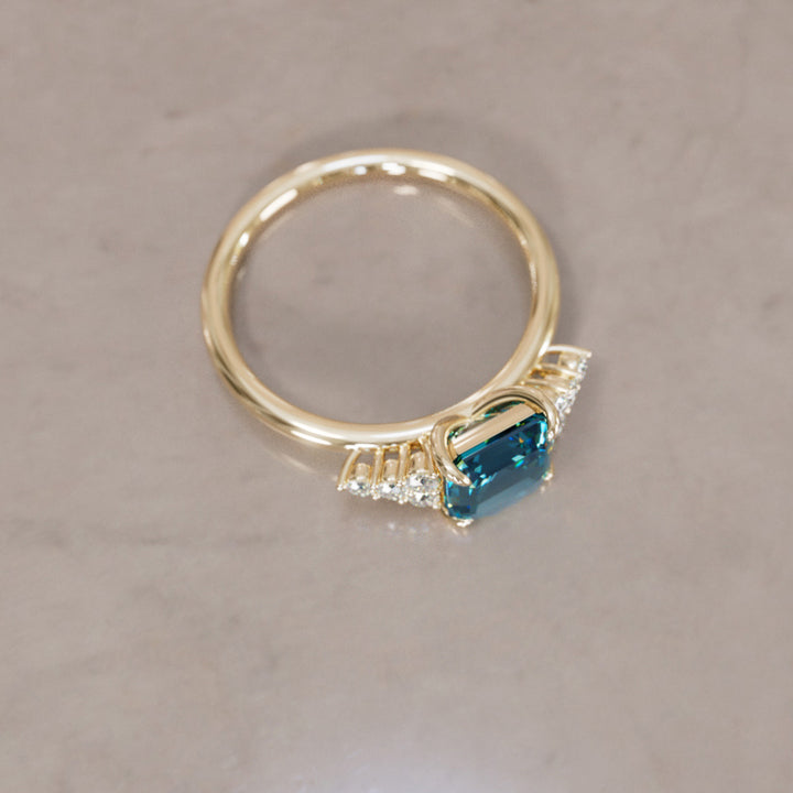 Unique Blue Sapphire and Diamond Engagement Ring, Asscher Cut Three Stone By Valley Rose