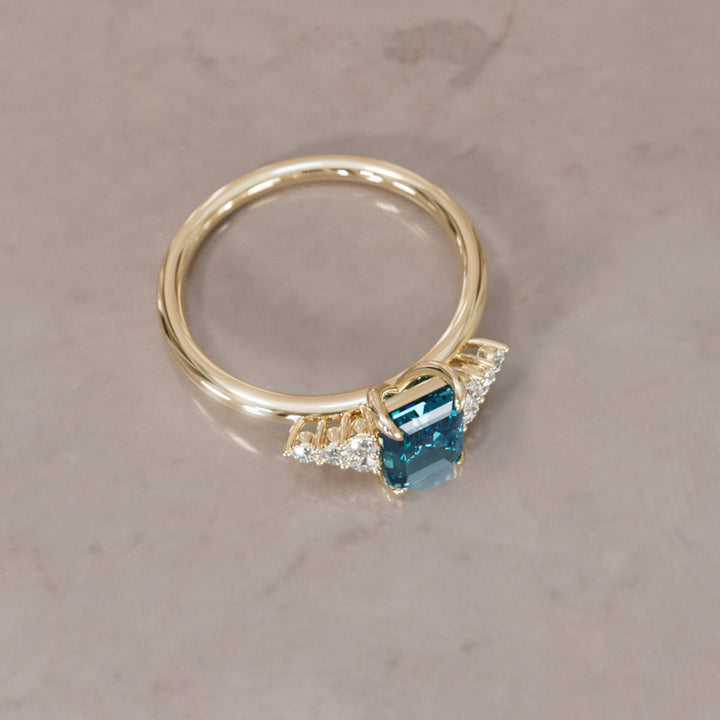 Unique Blue Sapphire and Diamond Engagement Ring, Asscher Cut Three Stone By Valley Rose