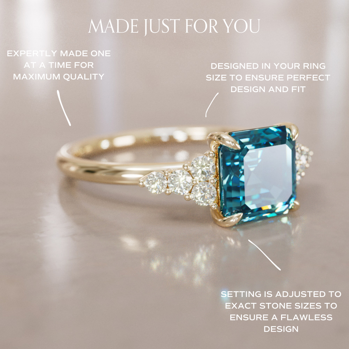 Unique Blue Sapphire and Diamond Engagement Ring, Asscher Cut Three Stone By Valley Rose