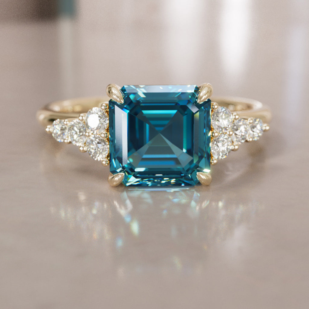 Unique Blue Sapphire and Diamond Engagement Ring, Asscher Cut Three Stone By Valley Rose