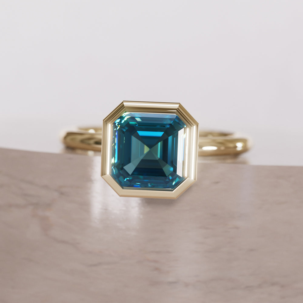 Unique Blue Sapphire Engagement Ring, Asscher Cut Bezel Set By Valley Rose