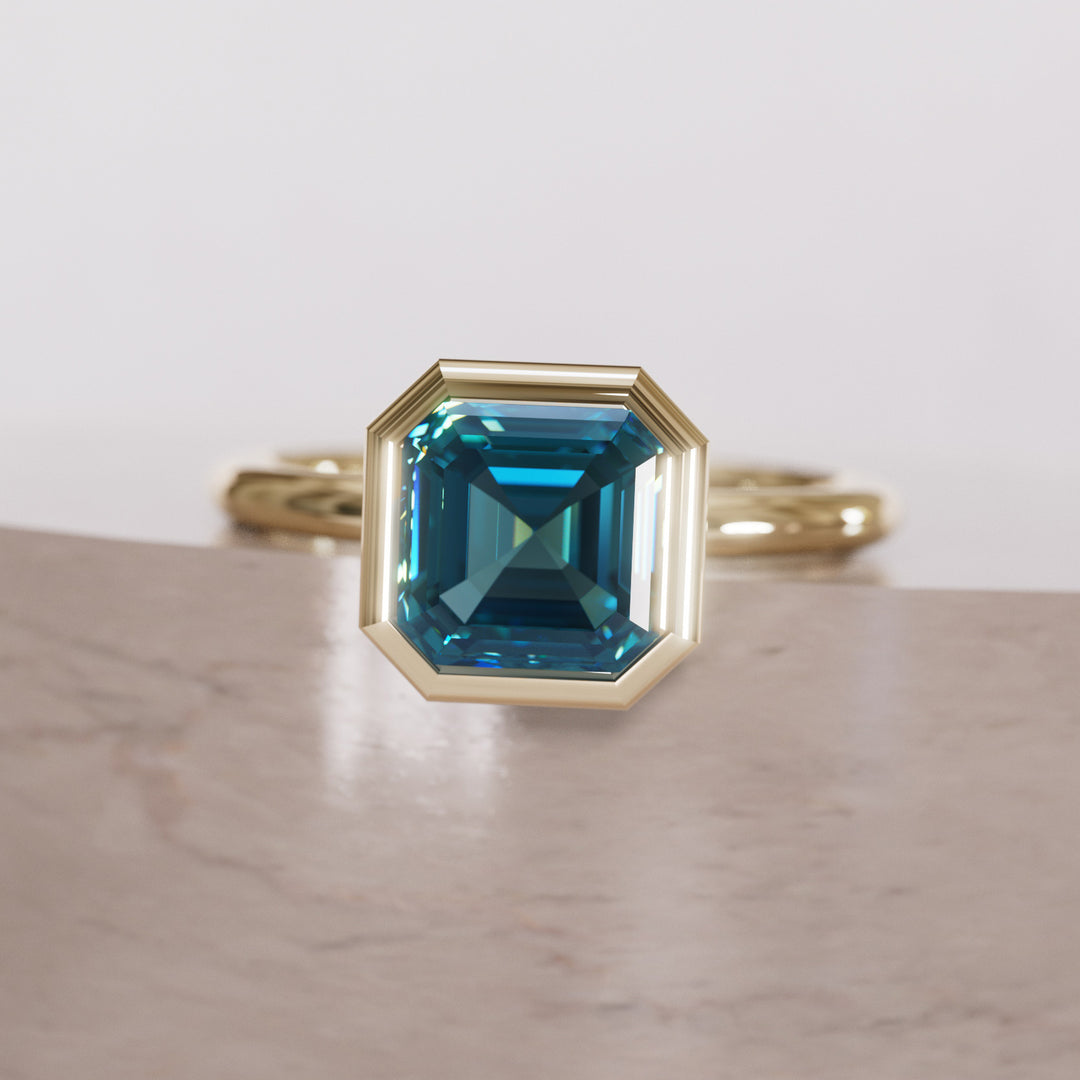 Unique Blue Sapphire Engagement Ring, Asscher Cut Bezel Set By Valley Rose