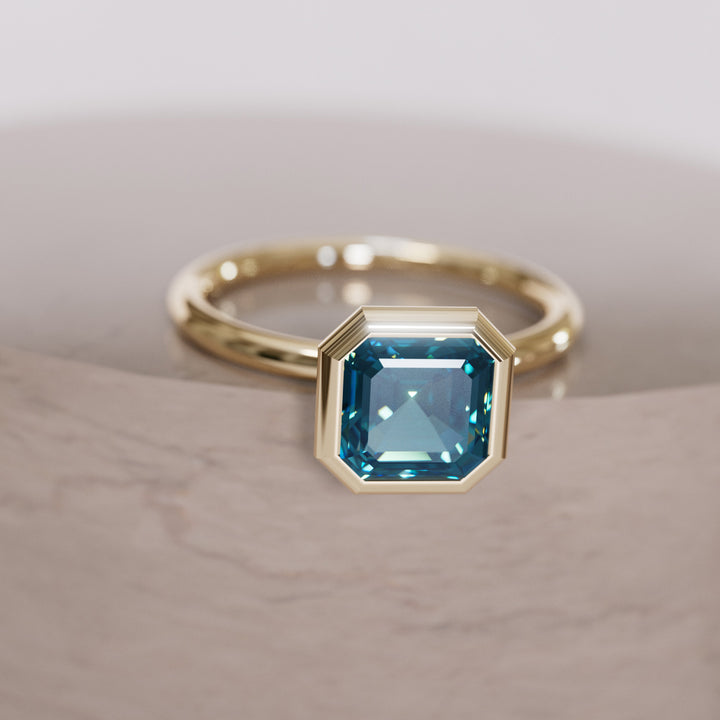Unique Blue Sapphire Engagement Ring, Asscher Cut Bezel Set By Valley Rose