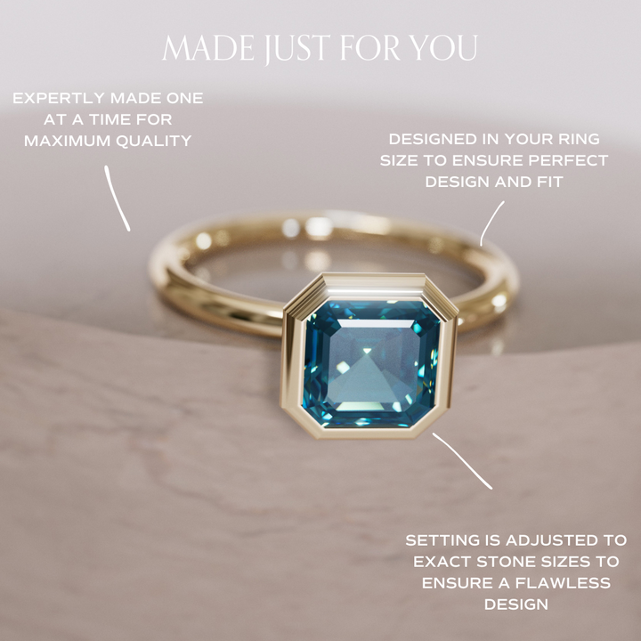 Unique Blue Sapphire Engagement Ring, Asscher Cut Bezel Set By Valley Rose