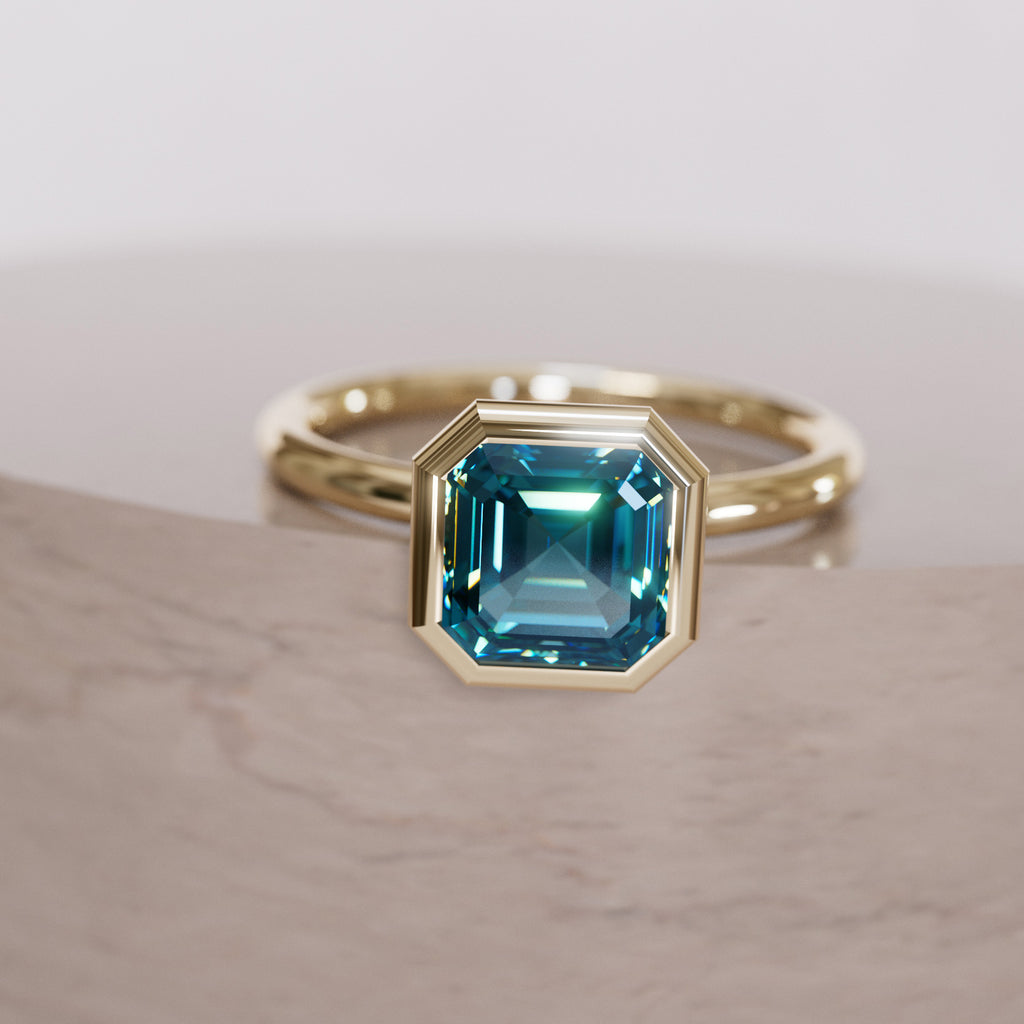 Unique Blue Sapphire Engagement Ring, Asscher Cut Bezel Set By Valley Rose