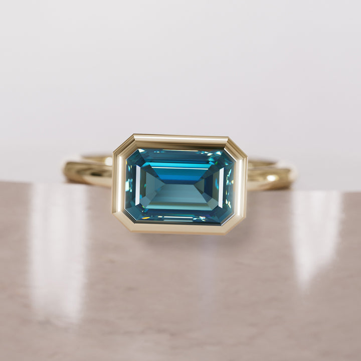 Unique Blue Sapphire Engagement Ring, Horizontal Emerald Cut Bezel Set By Valley Rose