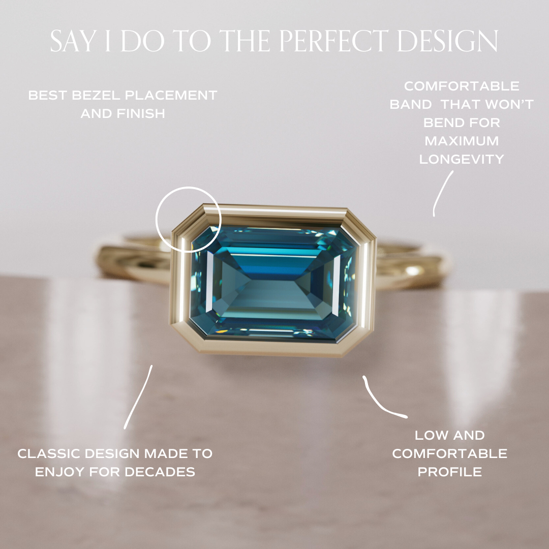 Unique Blue Sapphire Engagement Ring, Horizontal Emerald Cut Bezel Set By Valley Rose
