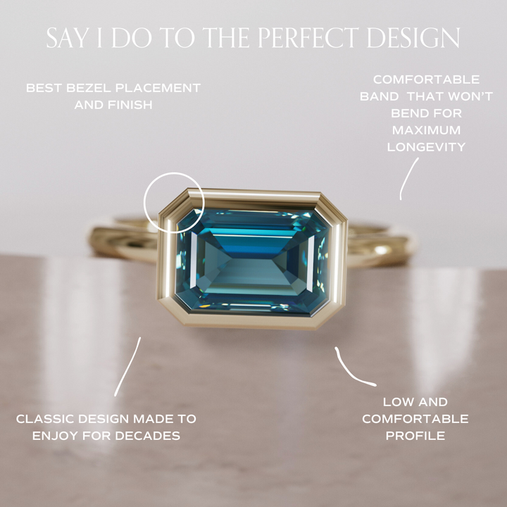 Unique Blue Sapphire Engagement Ring, Horizontal Emerald Cut Bezel Set By Valley Rose