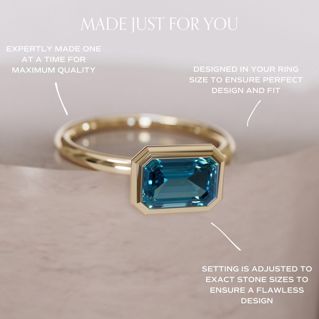 Unique Blue Sapphire Engagement Ring, Horizontal Emerald Cut Bezel Set By Valley Rose