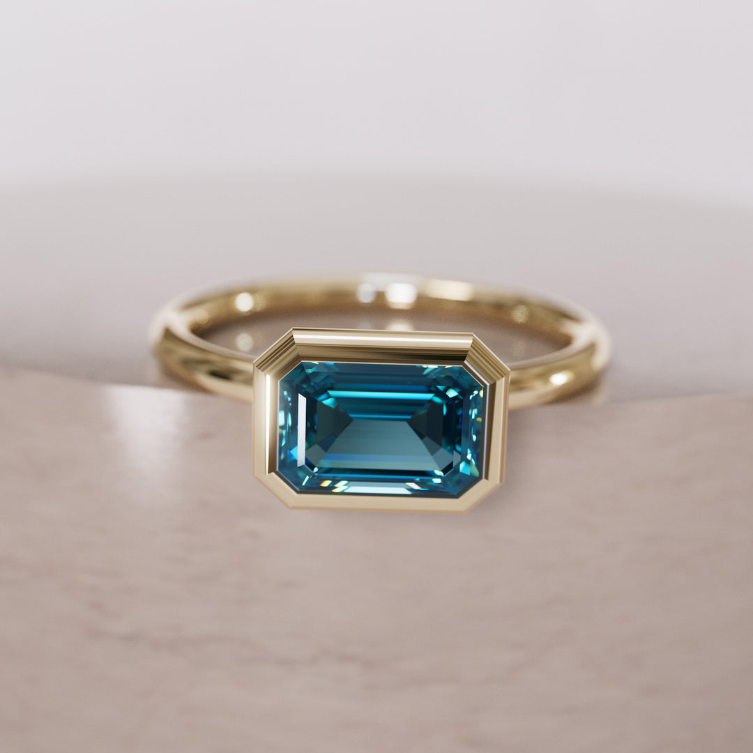 Unique Blue Sapphire Engagement Ring, Horizontal Emerald Cut Bezel Set By Valley Rose