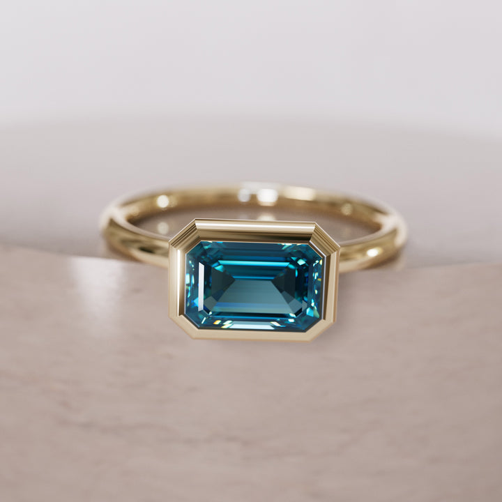 Unique Blue Sapphire Engagement Ring, Horizontal Emerald Cut Bezel Set By Valley Rose