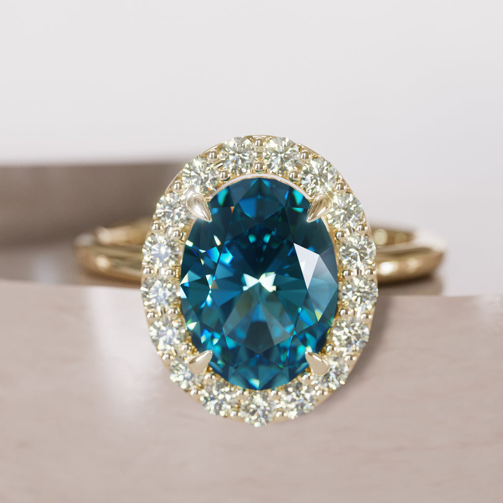 Unique Blue Sapphire Engagement Ring with Diamond Halo By Valley Rose