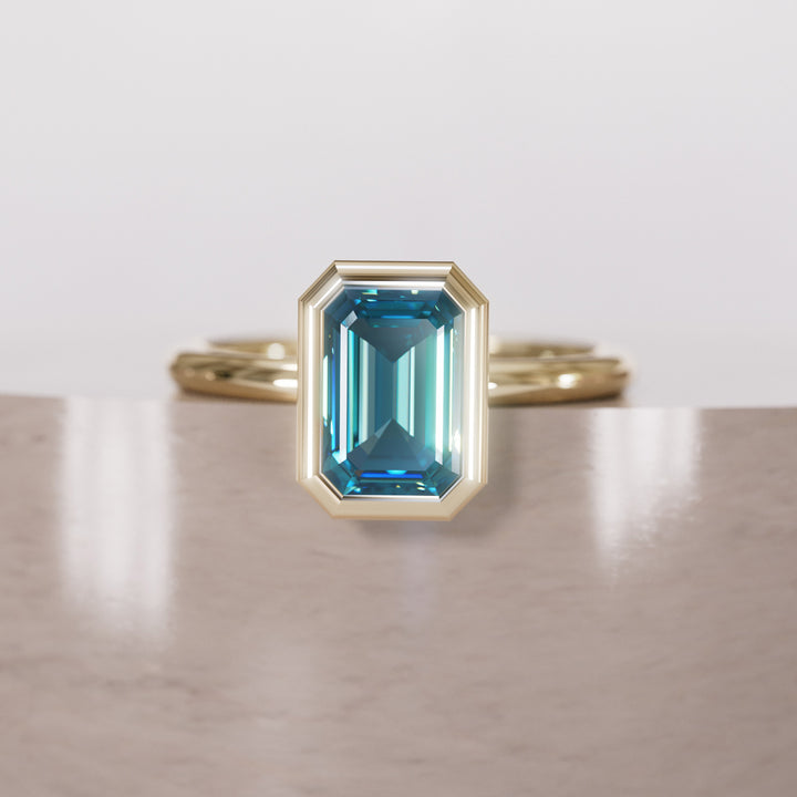 Unique Emerald Cut Blue Sapphire Engagement Ring Bezel Solitaire By Valley Rose