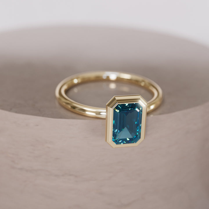 Unique Emerald Cut Blue Sapphire Engagement Ring Bezel Solitaire By Valley Rose