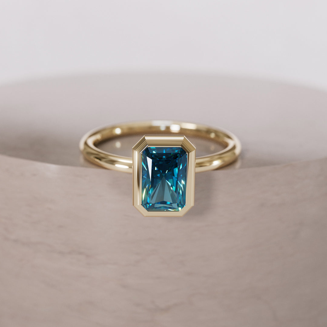 Unique Emerald Cut Blue Sapphire Engagement Ring Bezel Solitaire By Valley Rose