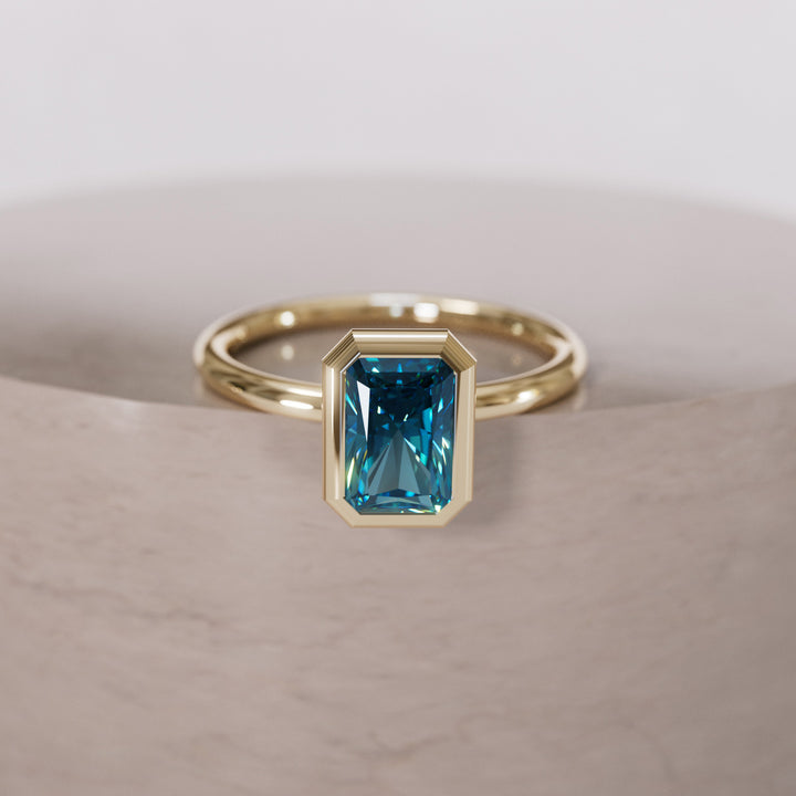 Unique Emerald Cut Blue Sapphire Engagement Ring Bezel Solitaire By Valley Rose