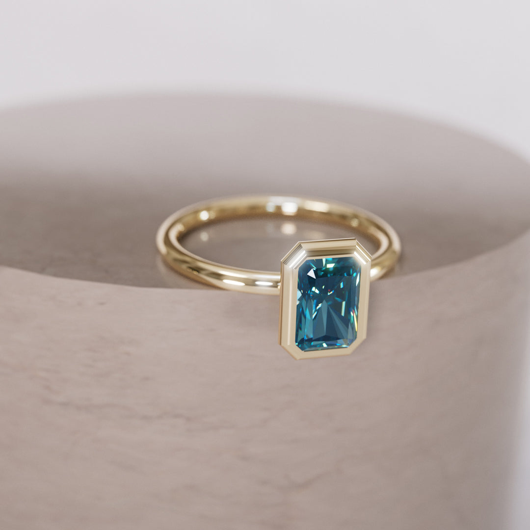 Unique Emerald Cut Blue Sapphire Engagement Ring Bezel Solitaire By Valley Rose