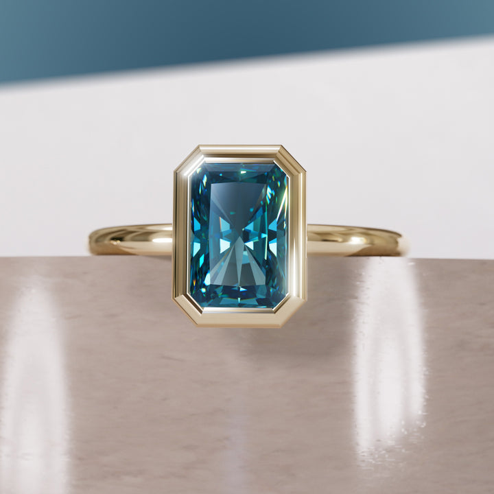 Unique Emerald Cut Blue Sapphire Engagement Ring Bezel Solitaire By Valley Rose