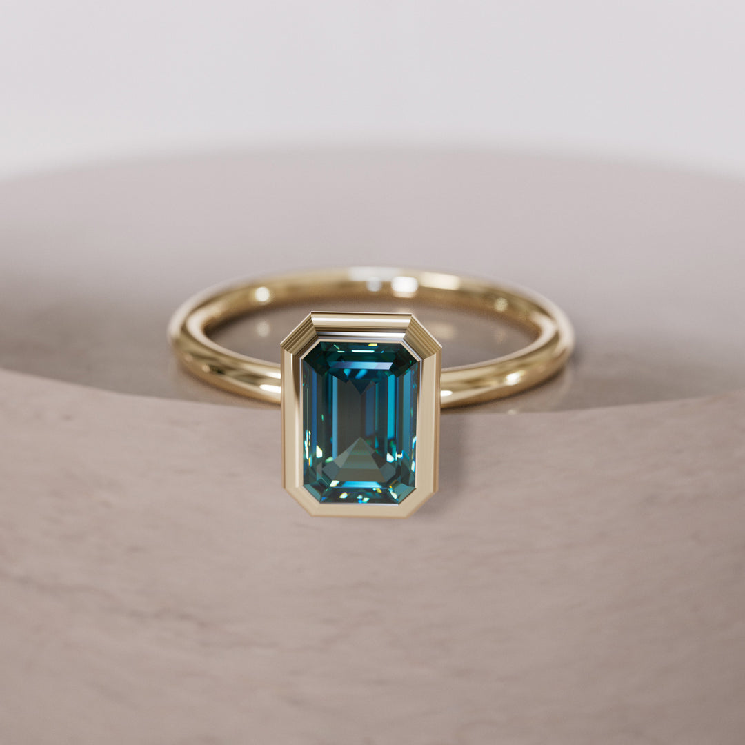 Unique Emerald Cut Blue Sapphire Engagement Ring Bezel Solitaire By Valley Rose